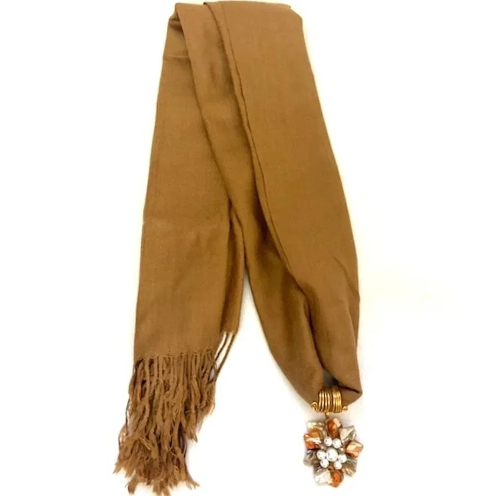 Pashmina Brown w/ Metal & Bead Accents Neutral‎ Festival Boho Career Wedding